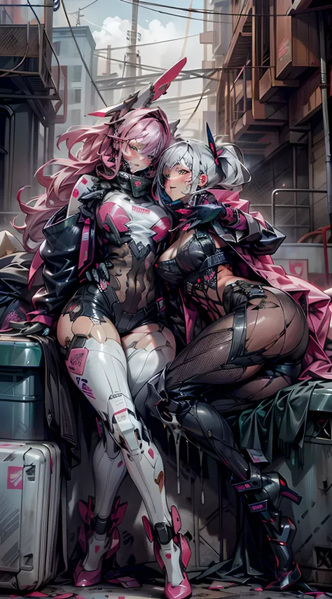 Mecha，Thick mech，In pink，red colour，black in color，white colors，purpleish color，Lots of detail，Mix and match，metalictexture，Ruined city，Dirty streets，Combat damage mech，Full body like，Huge bust，Take to the skies，nakeness，Large amounts of colored liquid