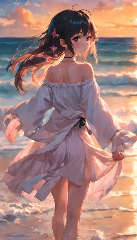 best qualtiy，tmasterpiece，超高分辨率，Realism 1.4，RAW photogr，warm lights，The sea and the beach，1girll，Walking on the beach，white offshoulder shirt，Short pink skirt，sandals，the setting sun，cabelos preto e longos，Slim，shyexpression，Beautiful teenage girl，Beautifu...