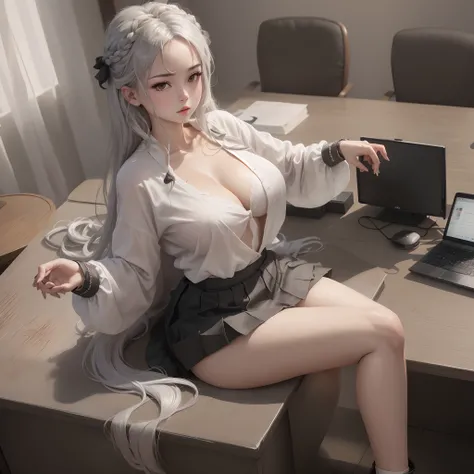 shenhe， 1girll， 独奏， （（white  shirt））， black thighhigns， Giant breasts，， 校服， office backdrop， a black skirt， pleatedskirt， office room， hair between eye， hair adornments，big cleavage breasts， long whitr hair， looking at viewert， silber hair， braidedhair， si...