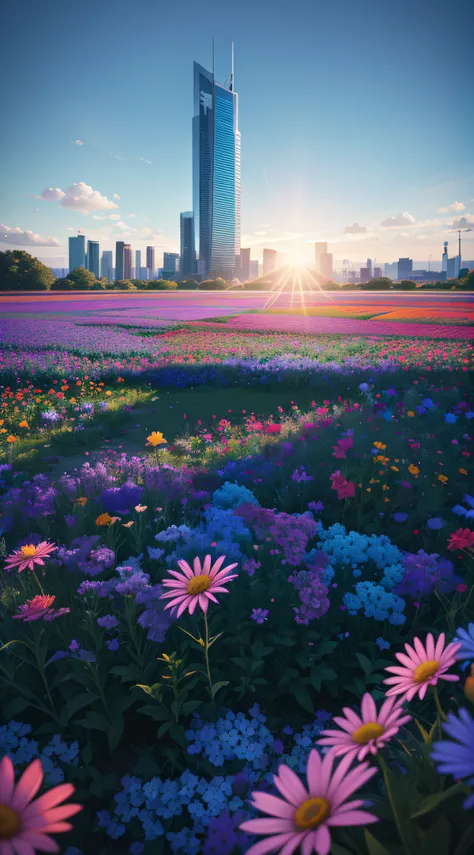 vibrant blue tinted colors, skyscraper, highly saturated colors, Fujifilm Fujichrome Provia 100F film, flower field, purity and dreamy symbolism, (muted colors:1.2), (photon mapping), octane render + hyper realistic, storage, (8k), hdr, sunny,