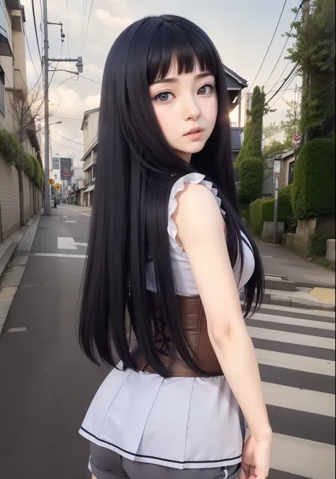 Real life adaption of this character,her name is hinata Hyuga from anime Naruto, she has realistic long hair, the back is neatly cut, while the hair on the front hair is Neatly cut bangs, realistic outfit , Waist corset brown color, more realistic grey sho...