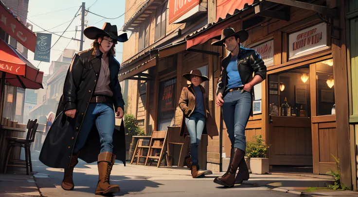 (4K, Best picture quality, A high resolution:1.1), (Masterpiece:1.1)Muscular man，blue-shirt, Brown leather jacket, long black jeans, Cowboy boots, revolver, Cowboy hat, Dark brown hair, Short hair, Brown eyes, two guys，Outside the bar，The face has shadows，...