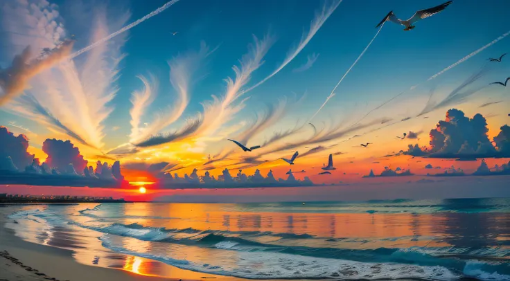 An absolutely mesmerizing sunset on the beach, with a mix of orange, pink, and yellow in the sky. The water is crystal clear, gently kisses the coast, and the white sand is endless. The scene is dynamic and breathtaking, with seagulls soaring high in the s...