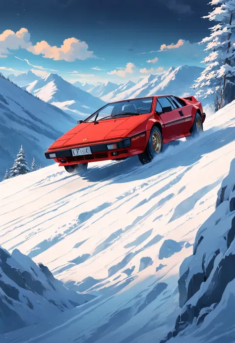 Red 1981 Lotus Esprit Turbo skiing from a snowy mountain