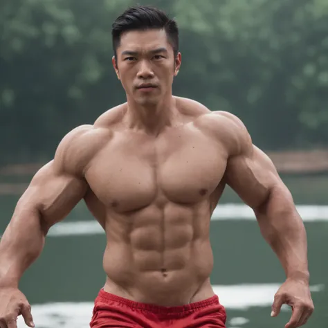 Super muscular cute Asian men wearing red thong in the middle of the lake (Professional 3D rendering:1.3) de (Realistic:1.3) Foto de arte mais bonita do mundo，Features soft, bright male heroes, ((Epic hero fantasy rough muscular man wet hero angry look lon...