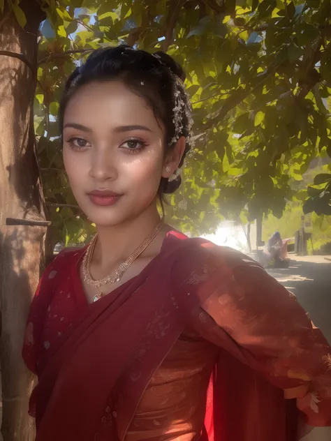 there is a woman in a red dress standing by a tree, Bangladeshi girl instagram photo with brown skin, a beautiful woman in white, traditional beauty, with brown skin, taken in the early 2020s, around 1 9 years old, a beautiful young woman, photo of young w...