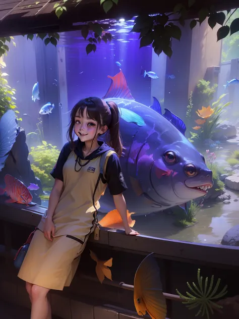 A girl happy face backround fish high definition at 4k resolution with highly-detailed facial features and anime-style visuals