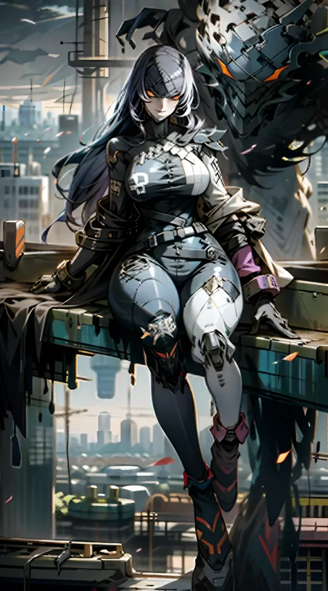 A scantily dressed woman，Thick mech，Lots of detail，Mix and match，metalictexture，urban backdrop，Combat damage mech，Above the city，looking over city，Punch，Evil smile，Huge breasts，Large amounts of colored liquid，flying into the sky，Full body like， woman，Flame...