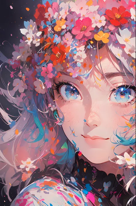 ((flowercrown)),Contemporary art created by tracing traces of colorful ink、​masterpiece、ultra-detailliert、pop-art、innocent smiles、eye glass、(1 girl, Solo:1.6),(Cute smile), (Best Impact:1.5), (maximalism:1.7), Vivid contrast, (Realistic), hyperrealistic il...