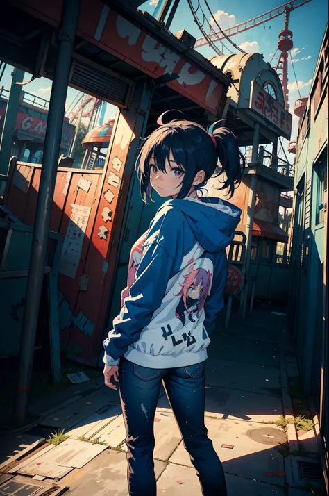 A playful little anime girl wearing a blue hoodie, full jeans, messy hair, (2d illustration:1.2), visual clutter, (1girl:1.3), ((abandoned amusement park)), morning, ((looking back towards:1.4))