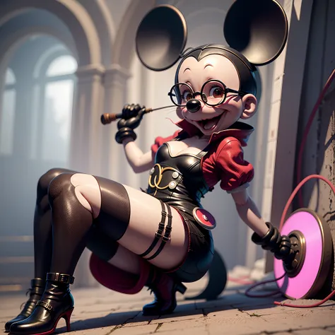 malicious minie mouse, ciberpunk, wearing glasses in clothes in a dress, stockings with suspender