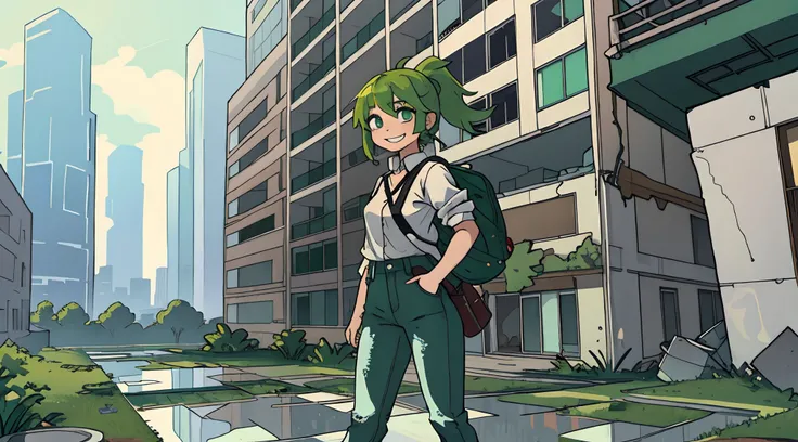 ruins、highrise buildings、puddles、girl with、Green hair、Big Ponytail、white  shirt、Skinnies Bon、backpack、a smile、