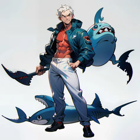 masutepiece, Best Quality, Full body shot, No background, White background, loan shark, Mans,  shark face, muscular,