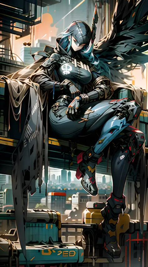 a scantily dressed woman，thick mech，lots of detail，mix and match，metalictexture，urban backdrop，combat damage mech，above the city...