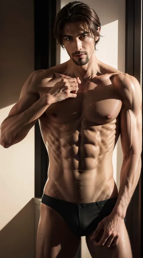 An image of a tall and handsome man，Tall man，Attractive man，Beautiful man，Sexy men，Merry handsome guy，shapely body，perfect muscles，Very detailed details，Meticulous muscle details，Meticulous details，the soft light，，Unplaning the correct muscles super detail...