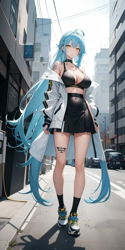 light blue hair, long hair, yellow eyes, black coat, short skirt, collarbone, bare back, big boobs, tattoo on neck, inside a building, black sport shoes, stocking, on top of motorcycle, looking at camera, close up camera