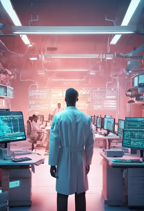 A modern laboratory setting with scientists in white coats conducting experiments and observing data on various screens.