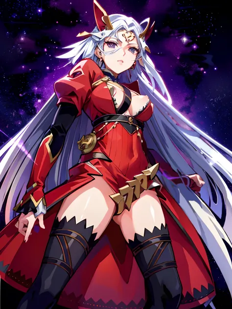 A woman in a red and white outfit standing in front of a purple background, Diosa del anime, Edelgard de Fire Emblem, Deidad de pelo blanco, Emblema de fuego de Edelgard, Anime visual de una mujer joven, Estilo anime como el destino/stay night, Personaje f...