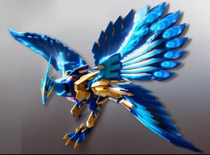 drawing of a blue phoenix mecha_robot with wings on a galaxy background, pterodactyl mecha, concept art of omegamon, mecha wings, robot bird, with large wings, mechanical bird, artwork of a phoenix, supersentai concept art, power ranger concept art, metal,...