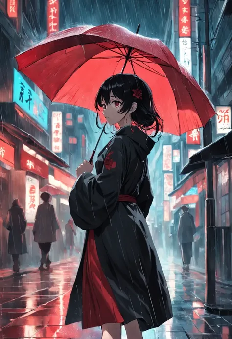 Black silk woman,orthofacial， Walking down the street with an umbrella in the rain, black and white picture，A small amount of red is required