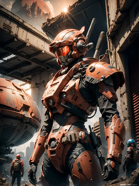 (futuristic :1.4), mecha_musume, Search and Rescue Unit,3 boys, Searching in ruins with scanning devices, ((futuristic armor AND tactical helmet)), ((RED PLANET in background)) , UHD, MASTERPIECE