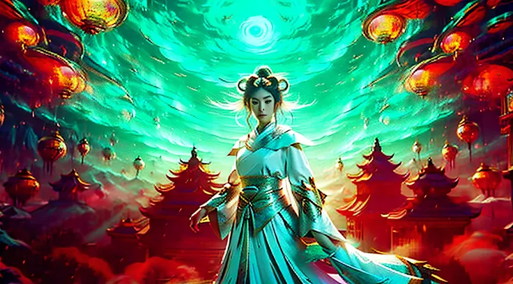 Majestic Chinese fairy, elegant ancient costumes, windswept hair, poised on billowing clouds. Enigmatic mist, distant horizon, ethereal and enchanting. Digitally painted, soft luminous glow, panoramic vista.