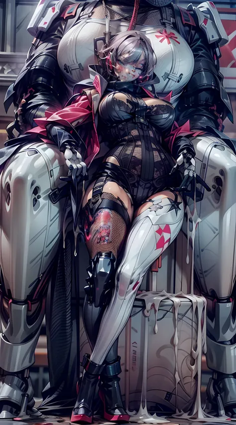 scantily clad，Thick mech，In pink，red colour，black in color，white colors，purpleish color，Lots of detail，Mix and match，metalictexture，Ruined city，Dirty streets，Combat damage mech，Full body like，Huge bust，Take to the skies，nakeness，Large amounts of colored li...