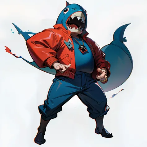 masutepiece, Best Quality, Full body shot, No background, White background, loan shark, Mans,  muscular, Chibi, shark costume, fat man, shark tooth, shark eyes