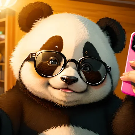 A chubby panda with glasses takes a selfie