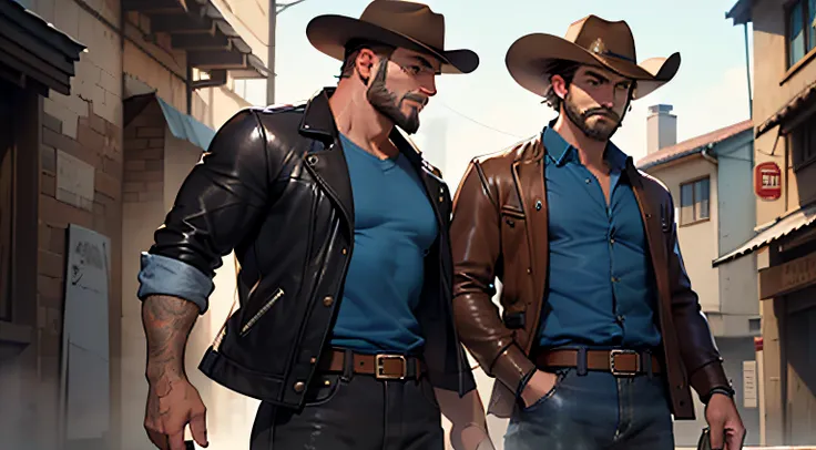 (4K, Best picture quality, A high resolution:1.1), (Masterpiece:1.1)Muscular man，blue-shirt, Brown leather jacket, long black jeans, Cowboy boots, revolver, Cowboy hat, Dark brown hair, Short hair, Brown eyes, two guys，A middle-aged beard with a thick bear...