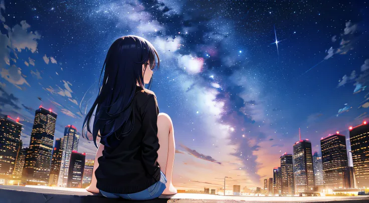 octans, sky, star (sky), scenery, starry sky, night, 1girl, night sky, solo, outdoors, building, cloud, milky way, sitting, tree, long hair, city, silhouette, cityscape