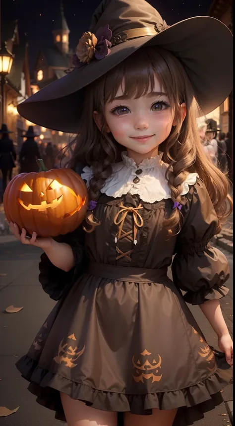 little pretty girl dressed as a witch。light brown fluffy curly hair,。see the beholder。happy smile。the background is a halloween ...