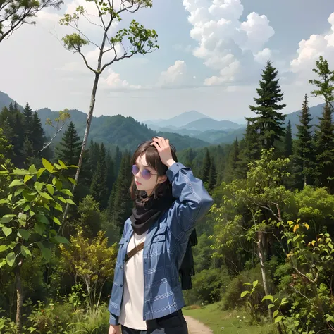 there is a woman standing in the woods with a scarf on, in mountains, in front of a forest background, in front of an amazing forest, amidst nature, looking majestic in forest, in forest, in the mountains, with sunglass, in nature, in jungle forest !!!, in...