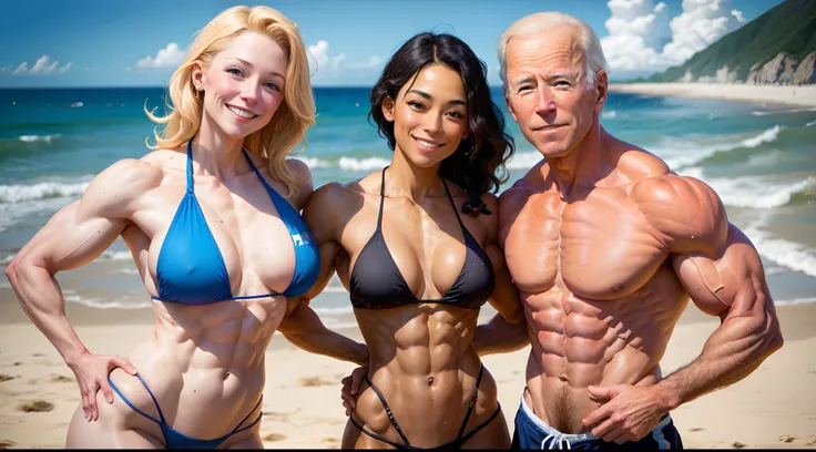 Smiling Joe Biden, ripped , posing with sexy girls, beachfront penthouse