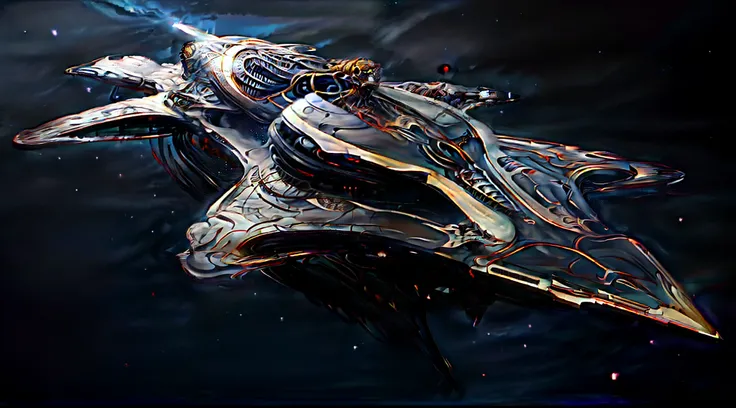 The spaceship flies in the sky，Behind it shines brightly, detailed spaceship, Rendered in redshift, painting of ornate space ship, rendered in keyshot, futuristic spaceship, elitedangerous 💙💜 ornate ︎, futuristic starship, scifi spaceship, Dark ( Spaceship...