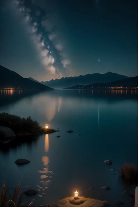 Craft an image capturing the essence of a tranquil night. Envision a serene landscape beneath a star-studded sky. Moonlight casts a gentle glow, softly illuminating calm waters or rolling hills. The world seems at rest, with a sense of stillness and peace....