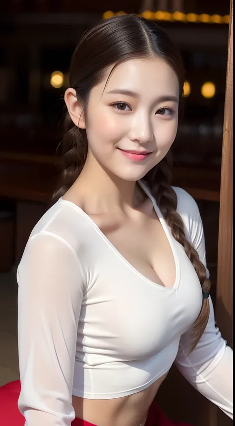 realistic photos of 1 cute Korean star, cornrows, white skin, thin makeup, 32 inch breasts size, slightly smile, wearing long sleeves crop top, sitting at outdoor bar, close-up, UHD