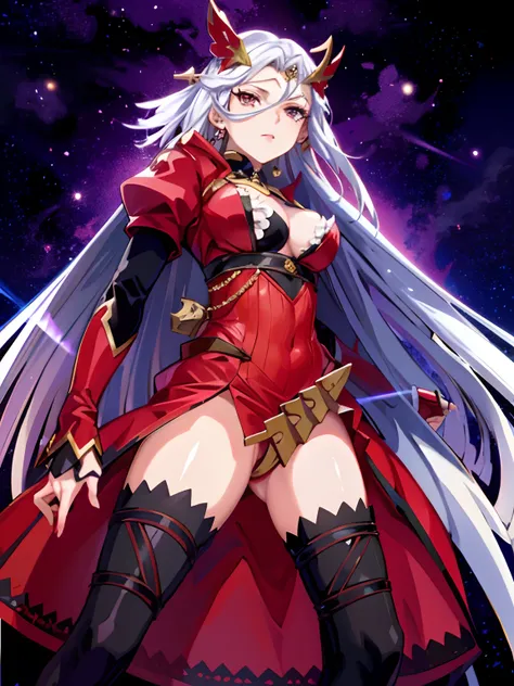 A woman in a red and white outfit standing in front of a purple background, Diosa del anime, Edelgard de Fire Emblem, Deidad de pelo blanco, Emblema de fuego de Edelgard, Anime visual de una mujer joven, Estilo anime como el destino/stay night, Personaje f...