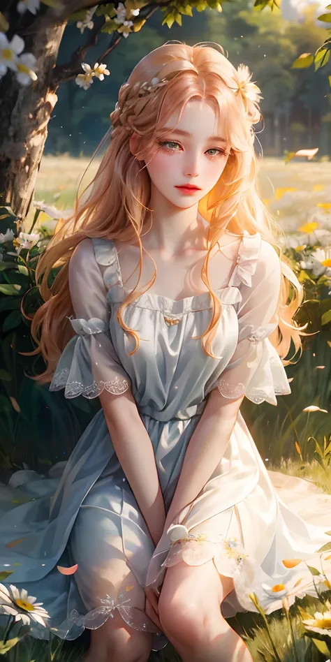 1girl, 独奏, Light pearl dress, Below the knee, field, Pastel colors, Peach-colored hair, Poetry in the wind, Daisy Branch Contract, Young trees, Lilac eyes, freckle, full lips, long wavy hair