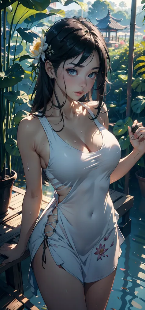 1female，35yo，熟妇，long leges，Big breasts Thin waist，Slim，huge-breasted ，Pornographic exposure， 独奏，（Background with：bamboo forrest，lotuses，lotus flower，exteriors，Lotus pond） She has short black hair，standing on your feet，Sweat profusely，drenched all over the ...