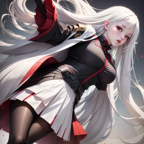 Long white hair, Red eyes, Wear pleated skirts, Wearing black stockings, Plump body, An anime character, Only one person