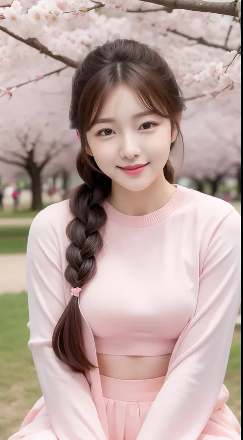 realistic photos of 1 cute Korean star, single braid, white skin, thin makeup, 32 inch breasts size, slightly smile, wearing pink long sleeves crop top, sitting at the park, cherry blossom tree is backdrop, close-up, UHD