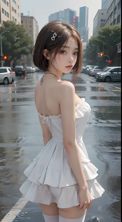 ((best qualtiy, 8k, tmasterpiece:1.3)), Focus:1.2, perfect figure beautiful woman:1.4, Cocked buttocks:1.2, ((Cut hair in layers:1.2)), , (Rain, Street:1.3), Bandeau Dress:1.1, Highly detailed facial and skin texture, A detailed eye, 二重まぶた，Whiten skin，long...