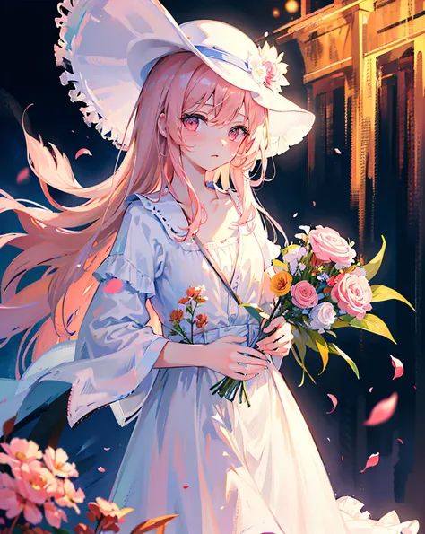 ((masterpiece, best quality)), 1girl, flower, solo, dress, holding, sky, cloud, hat, outdoors, bangs, bouquet, rose, expressionless, blush, pink hair, flower field, red flower, pink eyes, white dress, looking at viewer, midium hair, holding flower, small b...