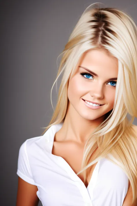 beautiful blonde woman with black eyes and white deep neck shirt posing for a picture