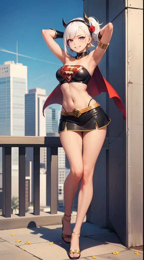 ((superheroine)), matou sakura, young, white long bob hair, full body, hair ribbon, head band, ((Tanned skin)), black strapless top, medium boobs, mini skirt, gold armlet, gold high heels, evil smile, Sassy, smirk, ((hands behind head)), earring, navel, fl...