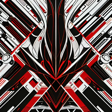 Close up of red and black poster on black and white background，Render mechanical lines，Cool，Vector graphic design，（asymmetrical），