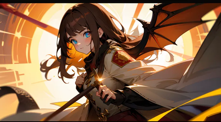 brown  hair，teens girl，long whitr hair，There are dragon wings，Holding a dagger in his right hand，Heterochromic pupils，In the daytime，The background is the street，The coat of arms of the dragon is on the clothes，Close-up of the sun，Close-up of lights，illumi...