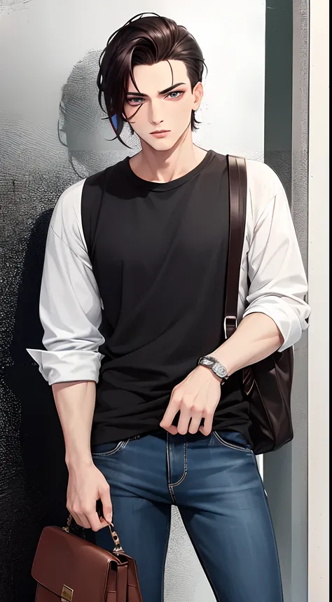 colorful,highest detailed, Young  Male with  dark brown short hair, heterochromia eyes, handsome, casual clothes, beautiful serious eyes, gangster, slicked back with bags hairstyle