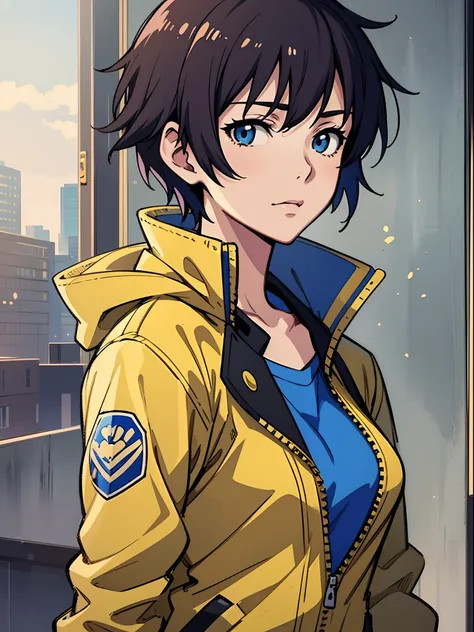 a close up of a person wearing a jacket and a yellow jacket, anime style portrait, made with anime painter studio, makoto shinkai art style, makoto, sayori, by Kamagurka, by Kamisaka Sekka, semirealistic anime style, satoshi kon artstyle, makoto shinkai st...